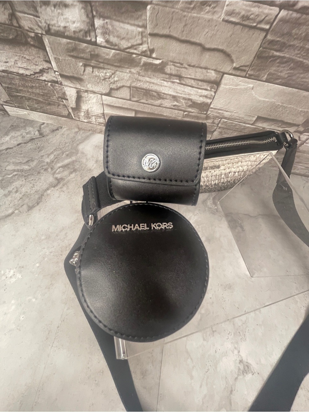 Michael Kors Straw Tech Crossbody Bag Black White Gray Ombré & Matching Wallet - Picture 8 of 12